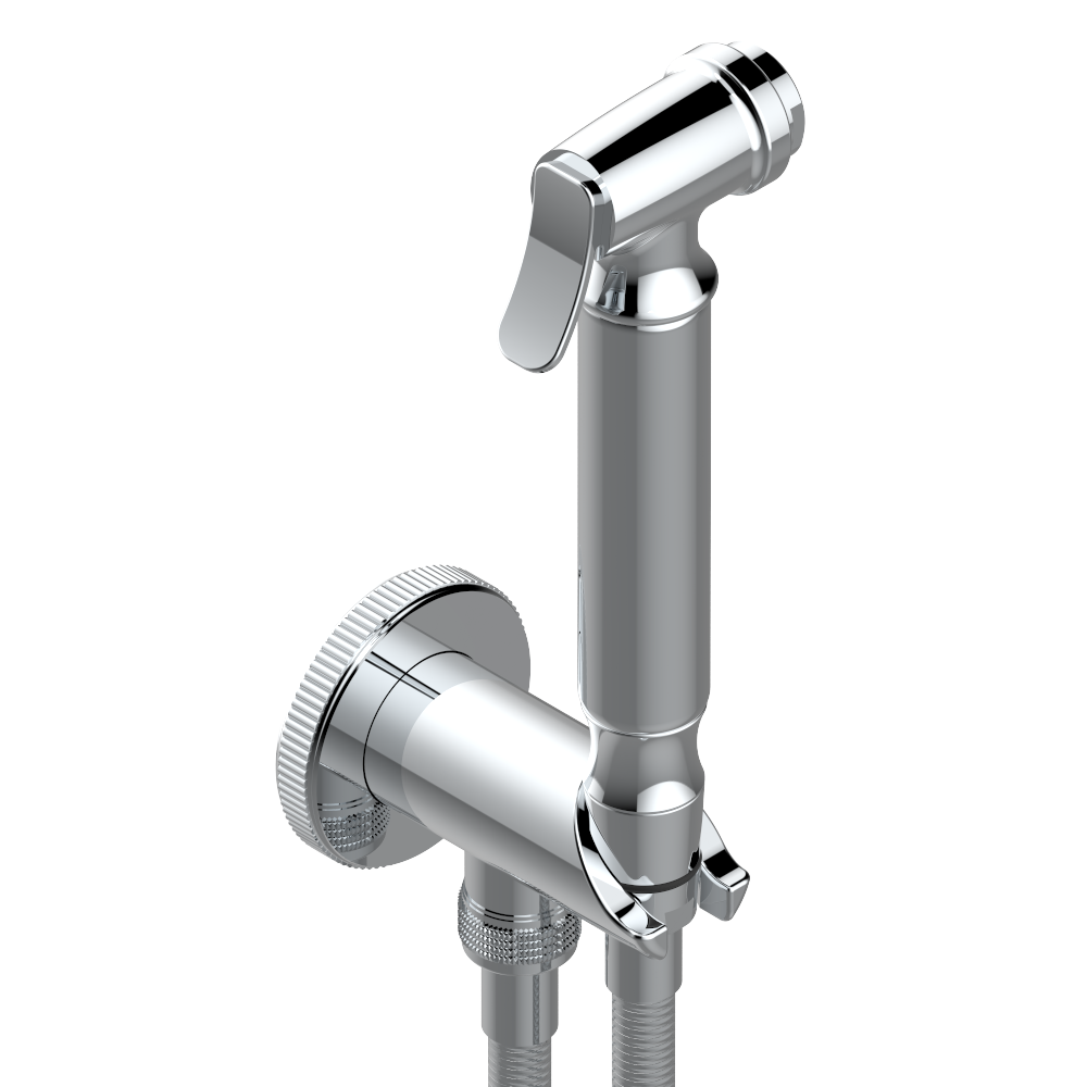 Wc douche set including trigger spray, reinforced hose (1.25m), and wall outlet with integrated